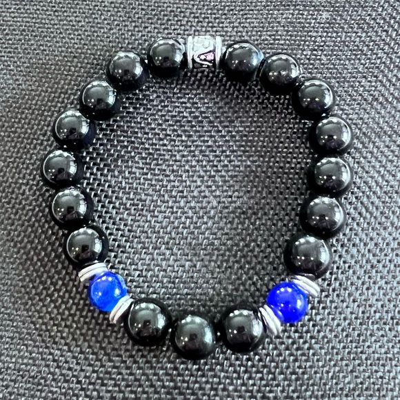 NWOT - Natural Black Onyx with Lapis Lazuli Men’s Stretch Bracelet - Picture 2 of 6